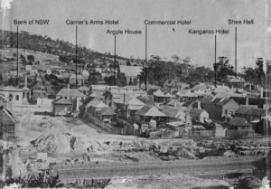 Centre frame of panorama showing the Bank of New South Wales, the Carriers Arms Hotel, Argyle House, the Commercial Hotel, the Kangaroo Hotel and the Shire Hall.